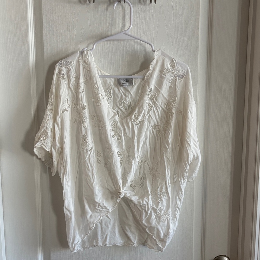 Jade Johnny Was White Butterfly Embroidered V-Neck Tie-Front Blouse